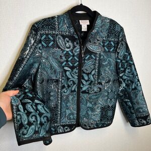 Renaissance Petite Womens Teal Black Paisley Tapestry Zip Up Jacket PM Metallic